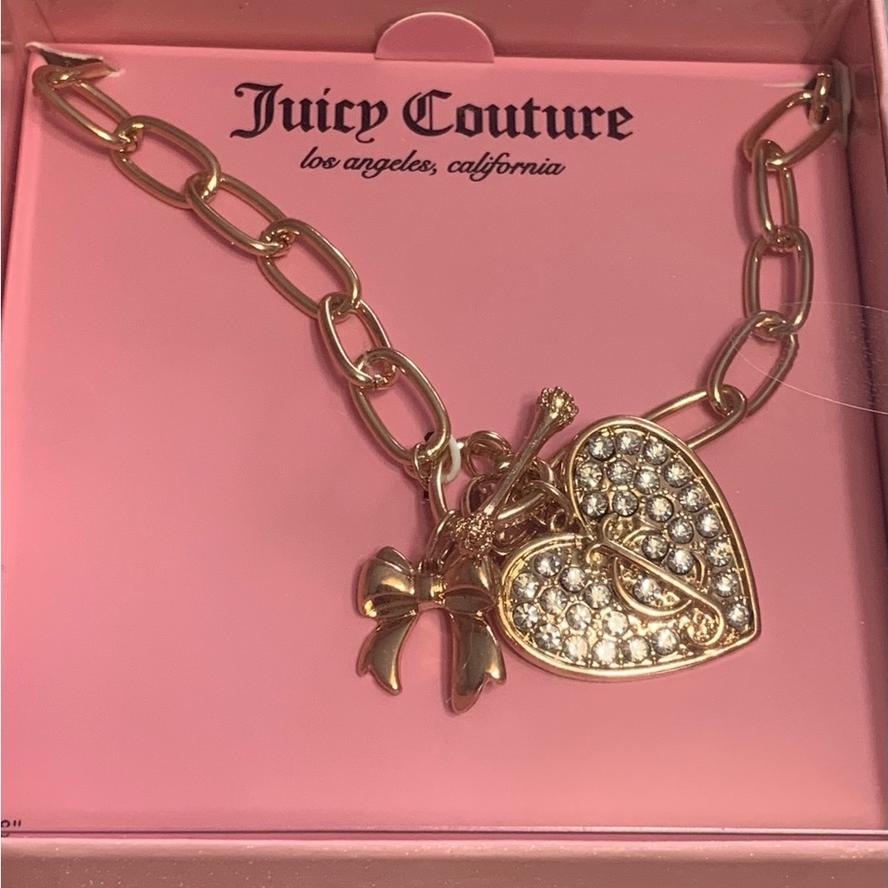 Juicy Couture Charm Necklace Gold Rhinestone Toggle Heart and Bow